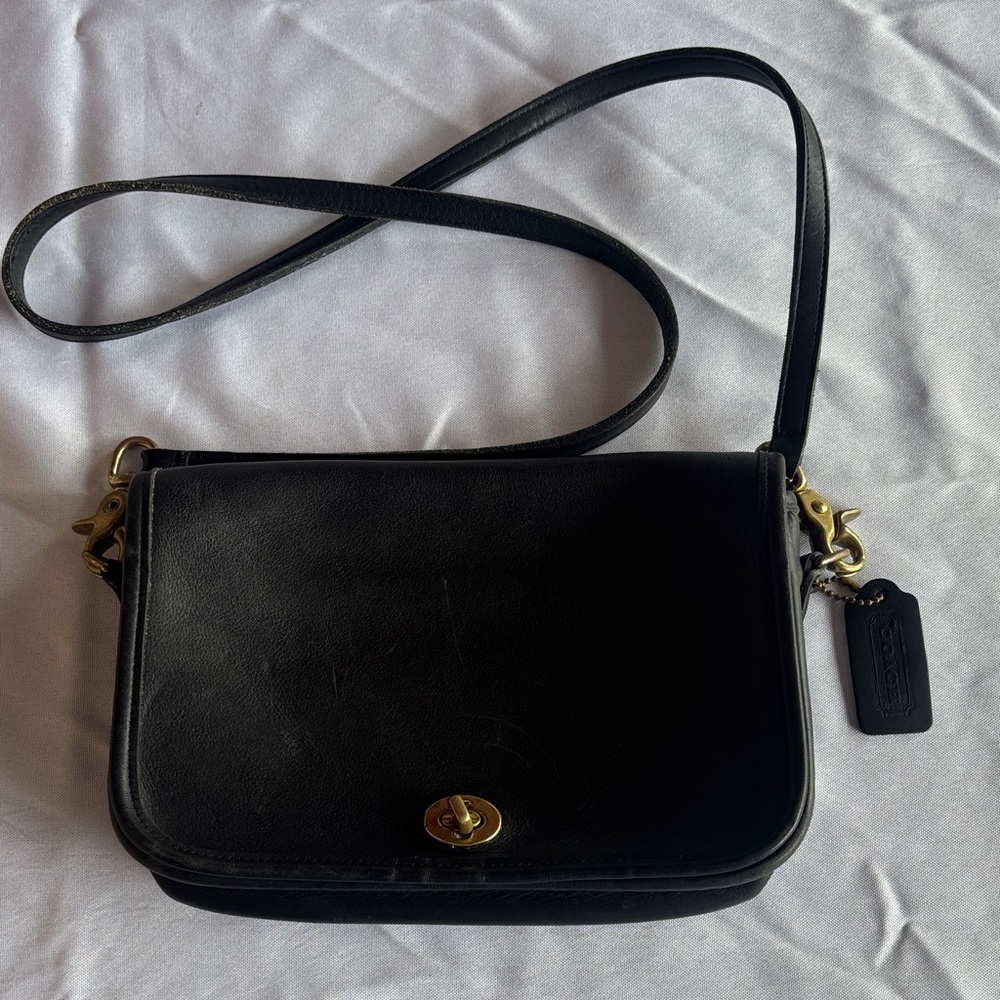 Coach Black Leather Crossbody Bag with Gold Accents
